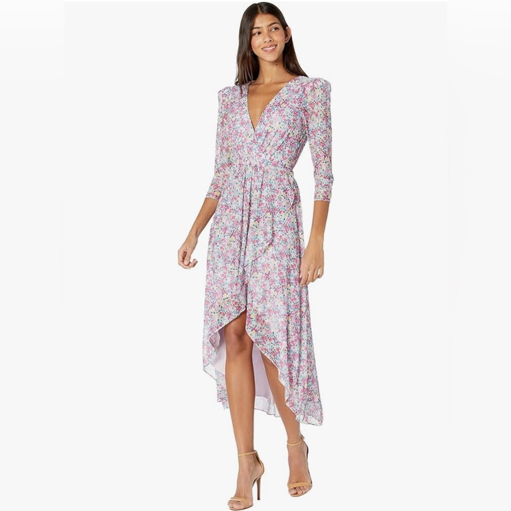 BCBG V-Neck Floral Mesh Wrap Dress